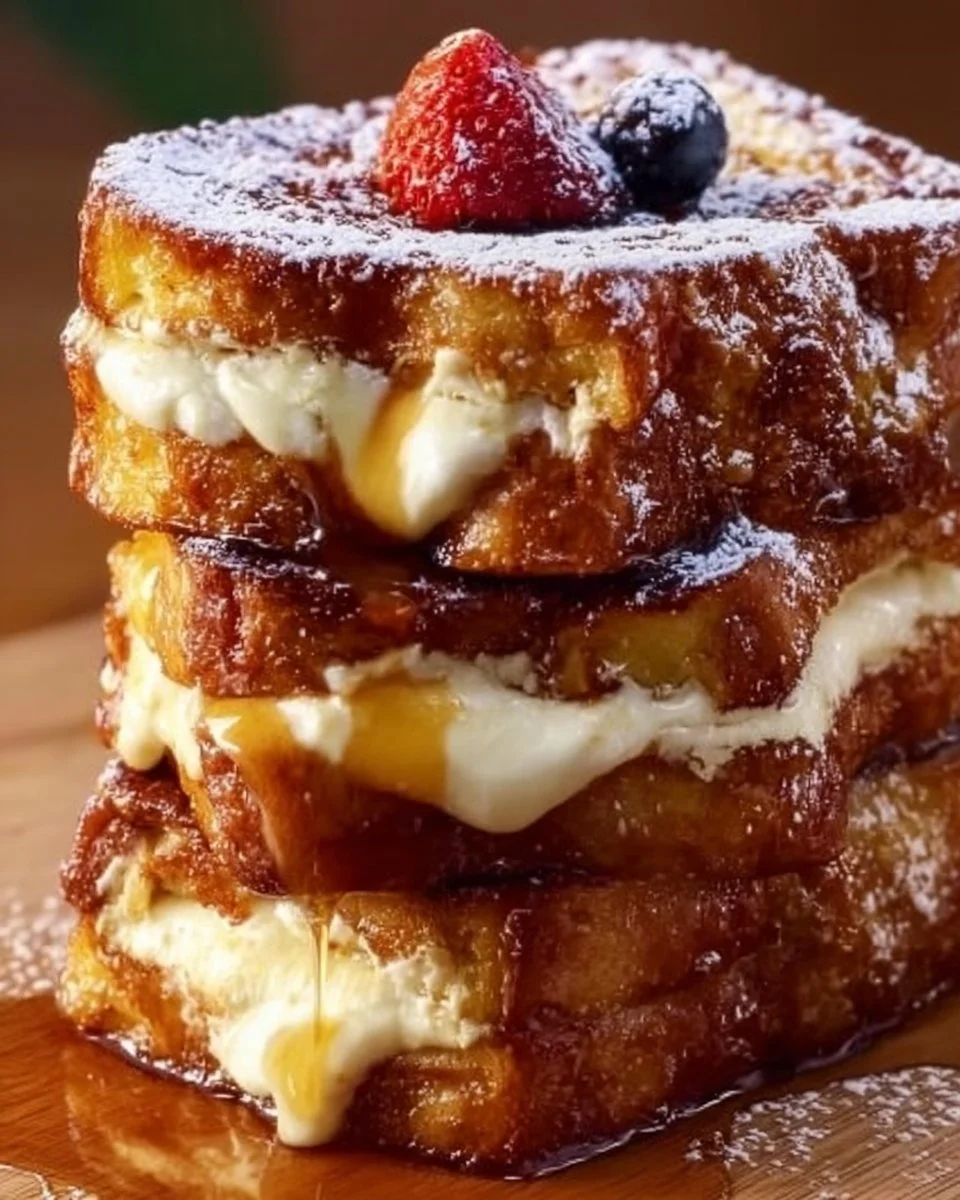 Deliciously golden Hawaiian Roll French Toast topped with syrup and fruit.
