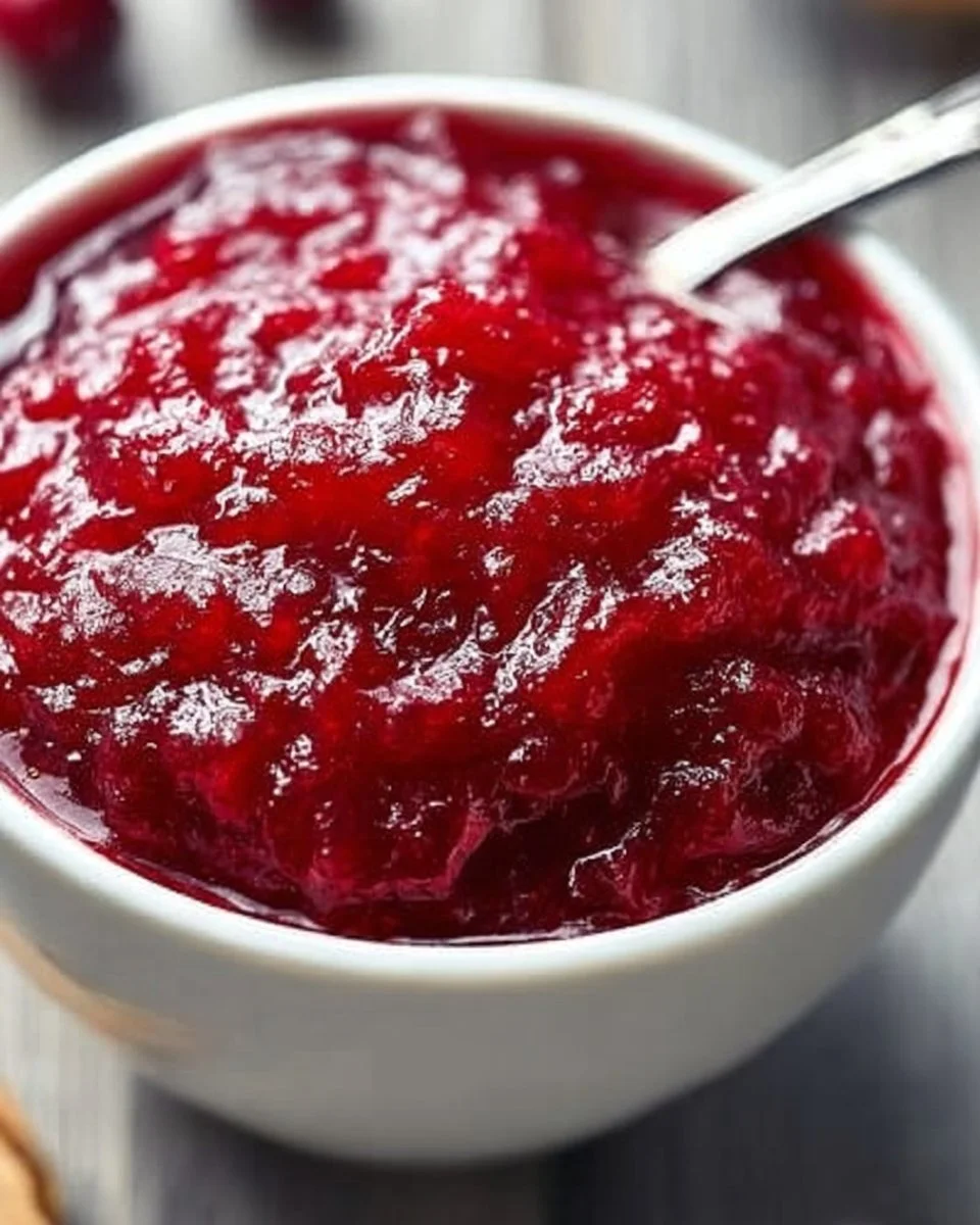 Healthy cranberry applesauce in a bowl with fresh cranberries and apples.
