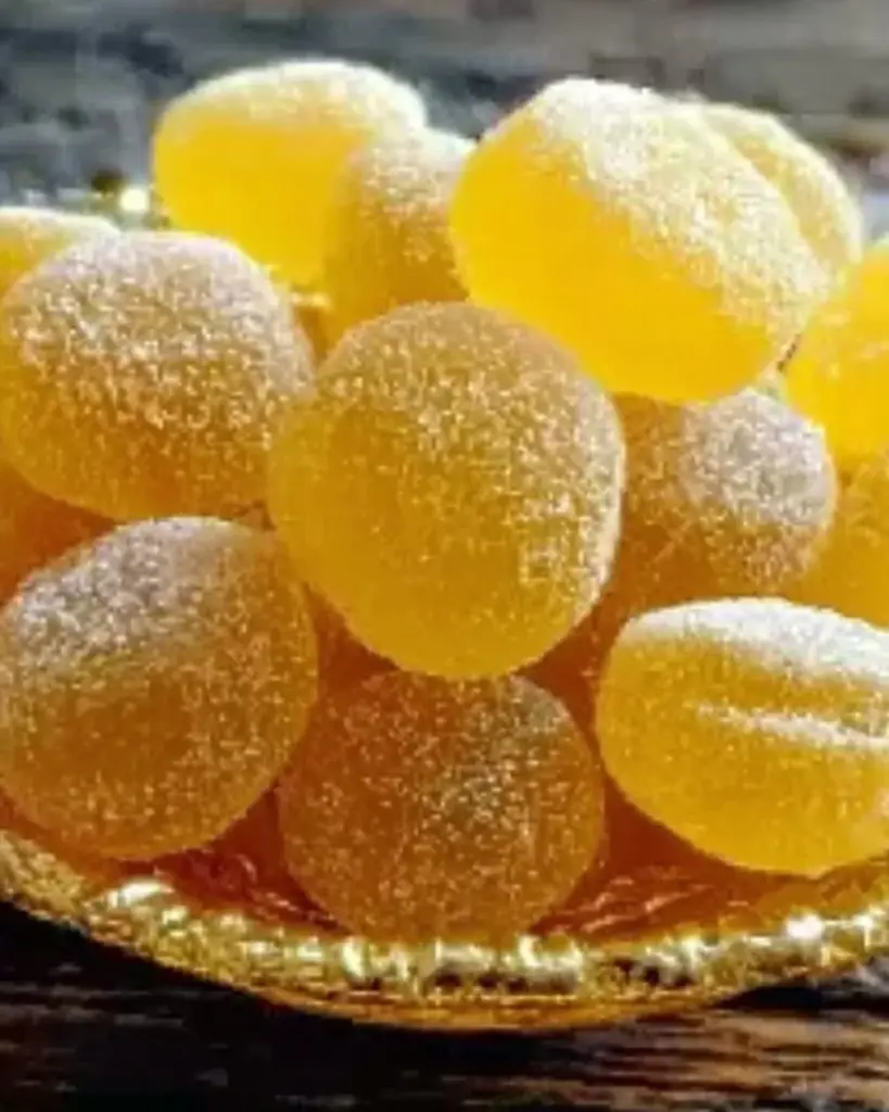 A plate of homemade lemon drops, a sweet and tangy candy treat.