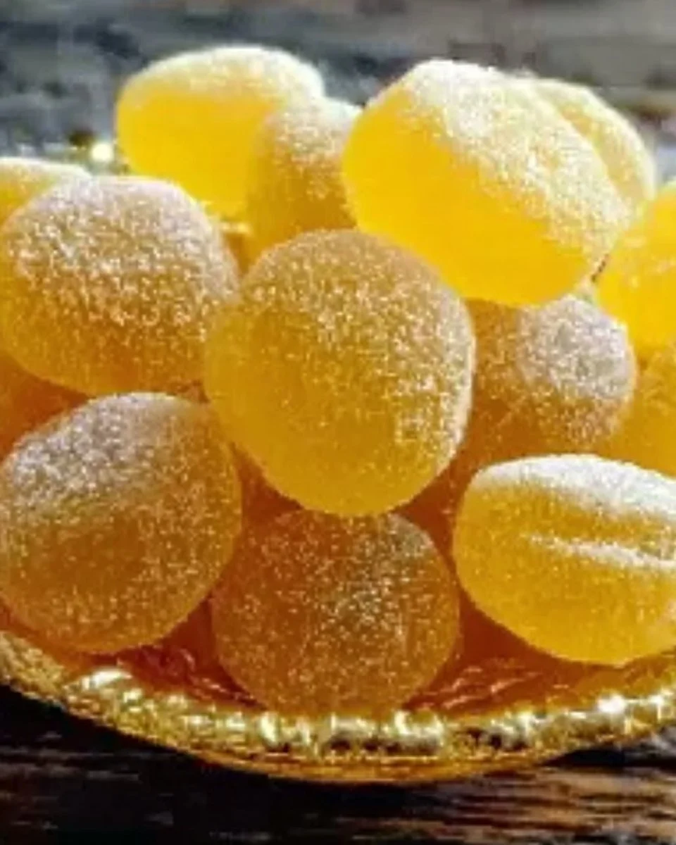 A plate of homemade lemon drops, a sweet and tangy candy treat.