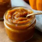 Homemade Less-Sugar Pumpkin Butter in a jar with spices and pumpkins