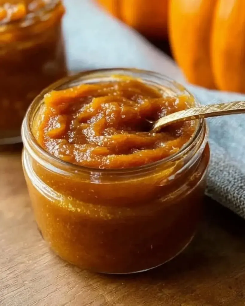 Homemade Less-Sugar Pumpkin Butter in a jar with spices and pumpkins