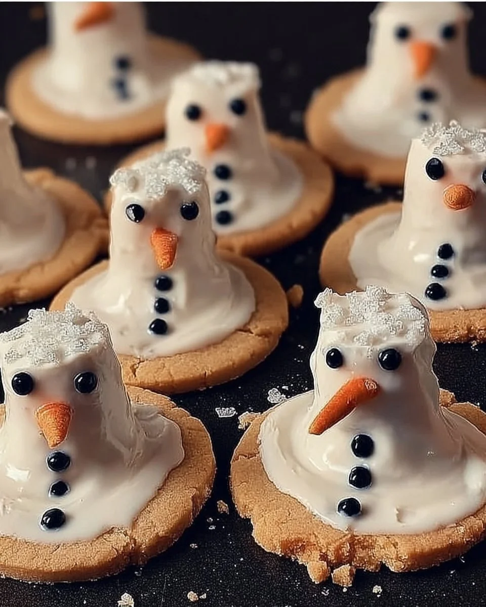 Melted Snowman Cookies decorated with frosting and chocolate for winter treats