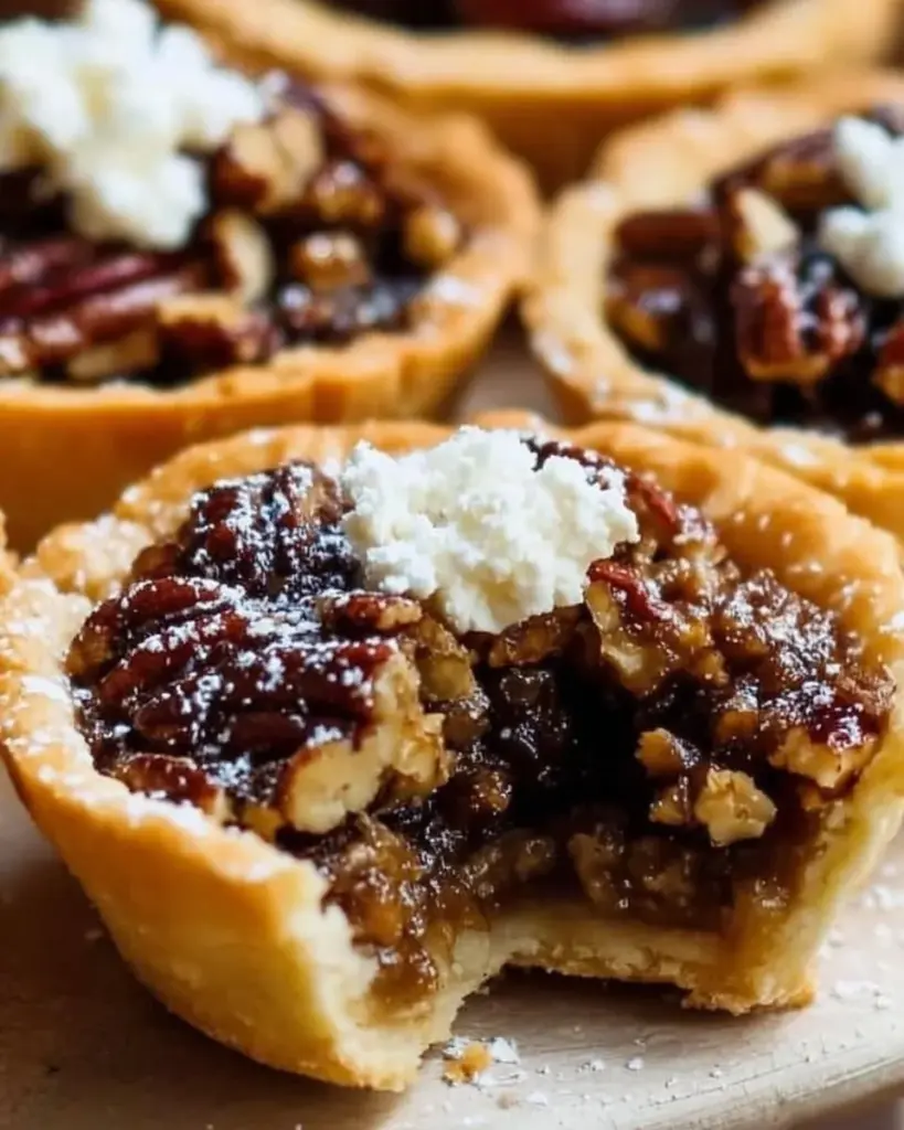 Delicious mini pecan pies served on a rustic wooden table.