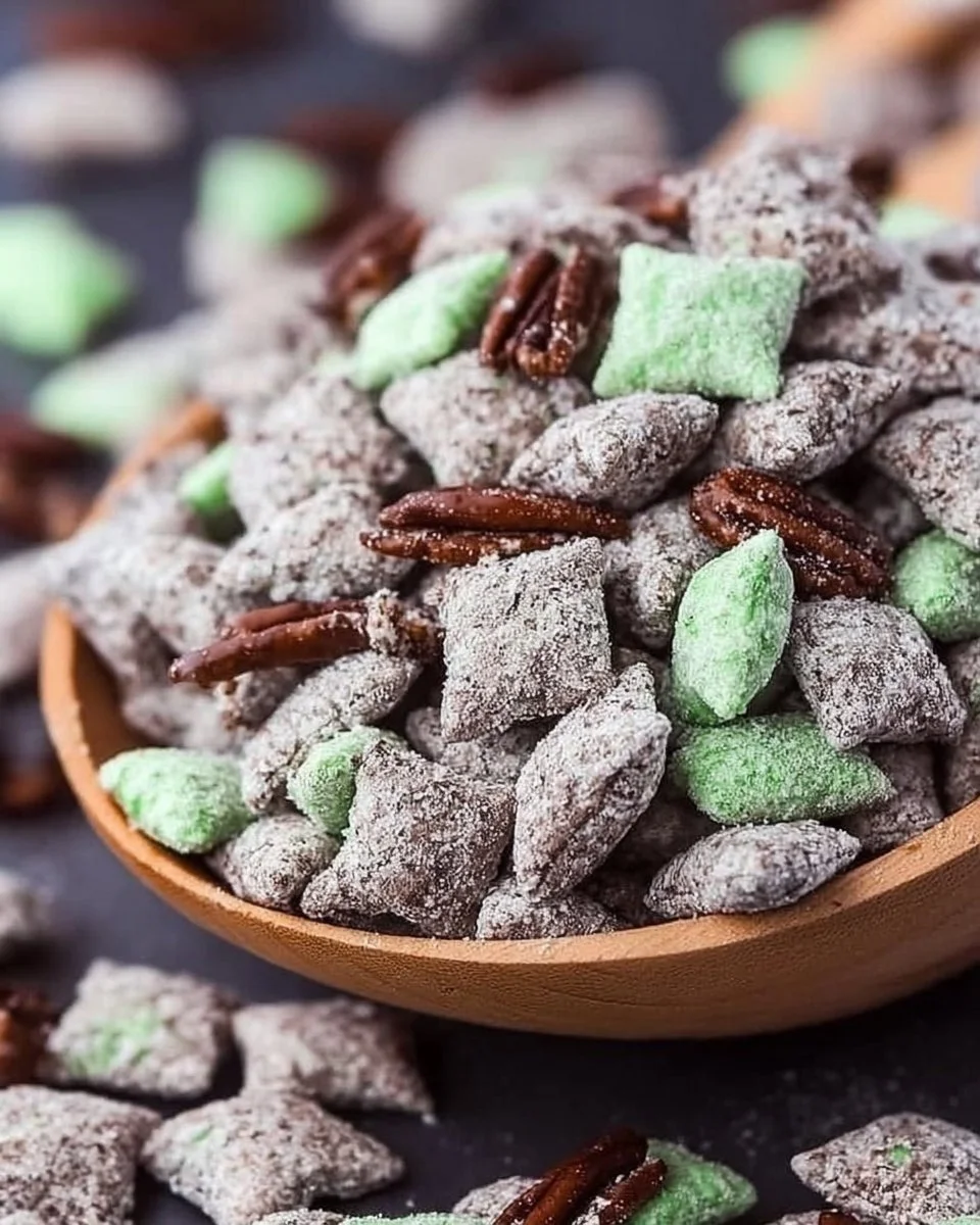 Bowl of Mint Chocolate Puppy Chow snack mix with mint and chocolate flavors