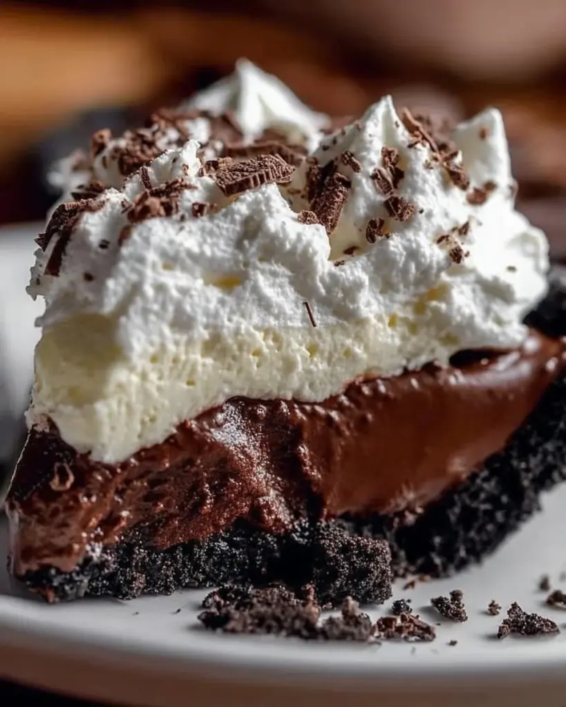 Delicious slice of Mississippi Mud Pie with chocolate layers and whipped cream