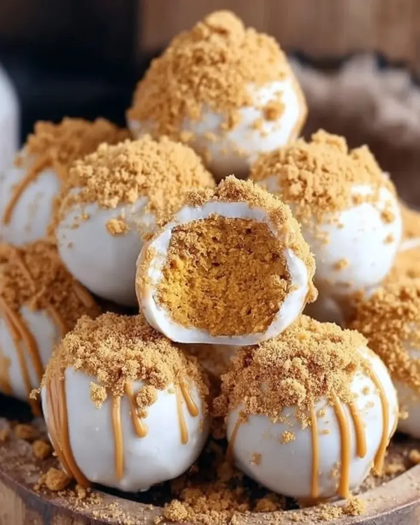 No-bake pumpkin cheesecake balls topped with graham cracker crumbs