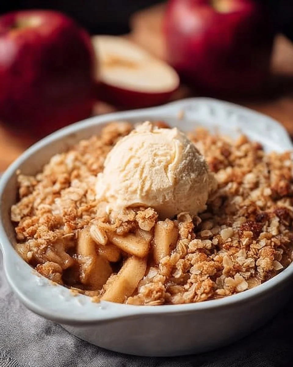 Delicious old-fashioned apple crisp with a golden, crunchy topping and sliced apples.