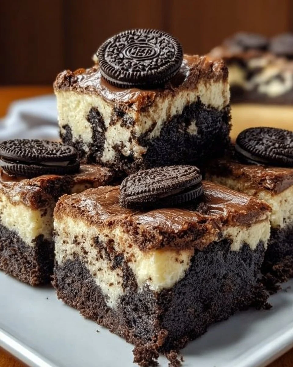 Delicious Oreo cheesecake brownies with a chocolate layer and creamy cheesecake topping.