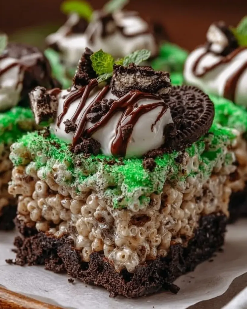 Delicious Oreo Grasshopper Rice Krispie Treats with mint flavor