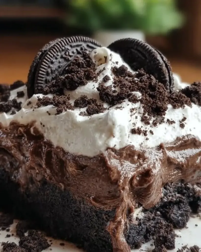 Delicious Oreo Poke Chocolate Cake topped with crushed Oreos and chocolate drizzle
