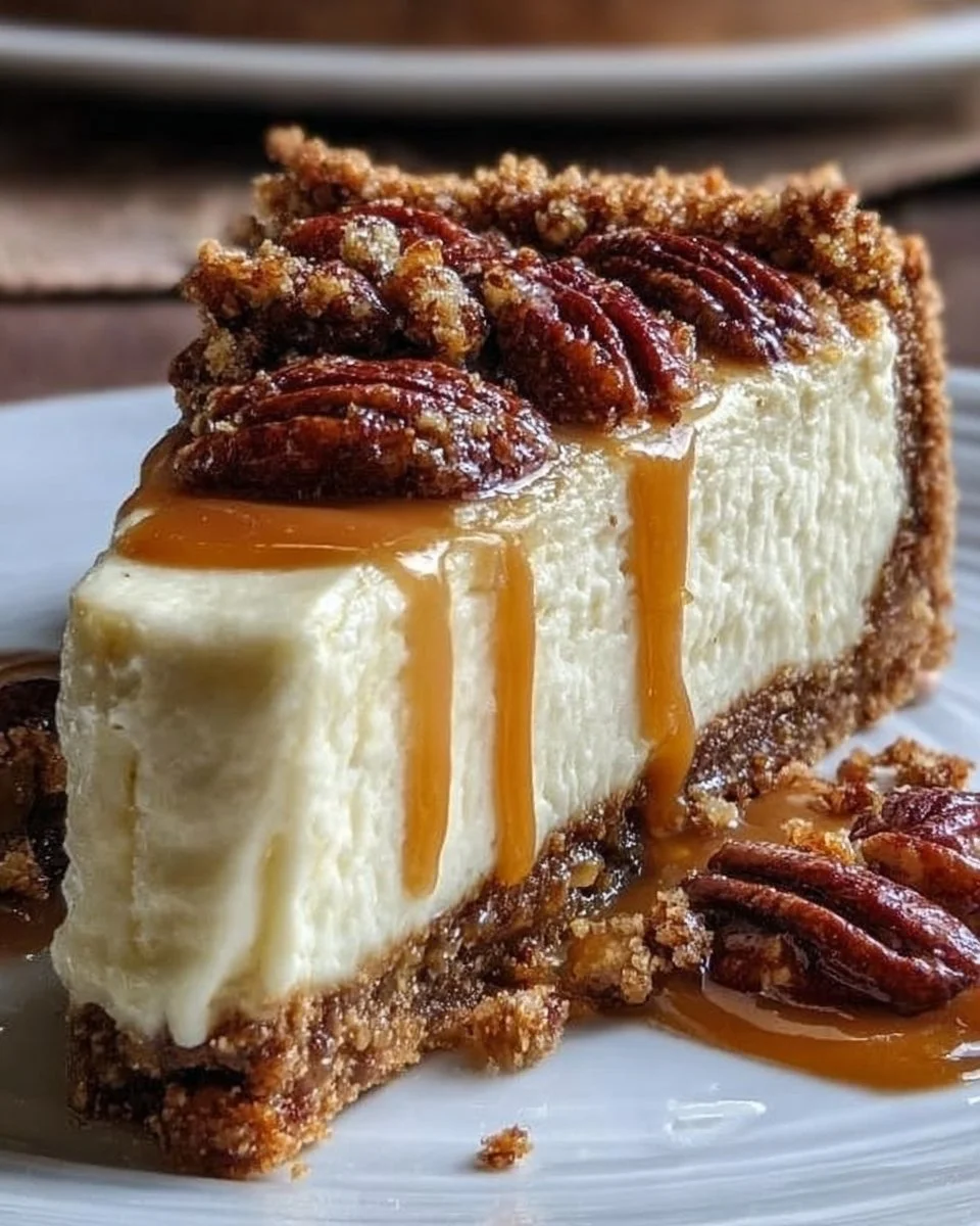 Delicious pecan cheesecake pie topped with chopped pecans and caramel drizzle.