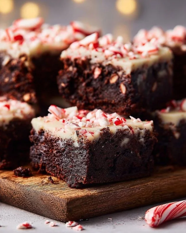Delicious peppermint bark brownies topped with festive chocolate and mint decorations