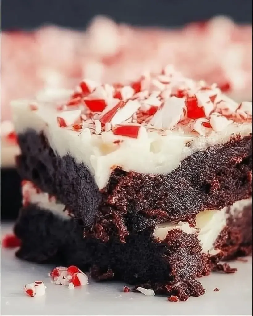 Delicious peppermint bark brownies with crushed candy canes on top