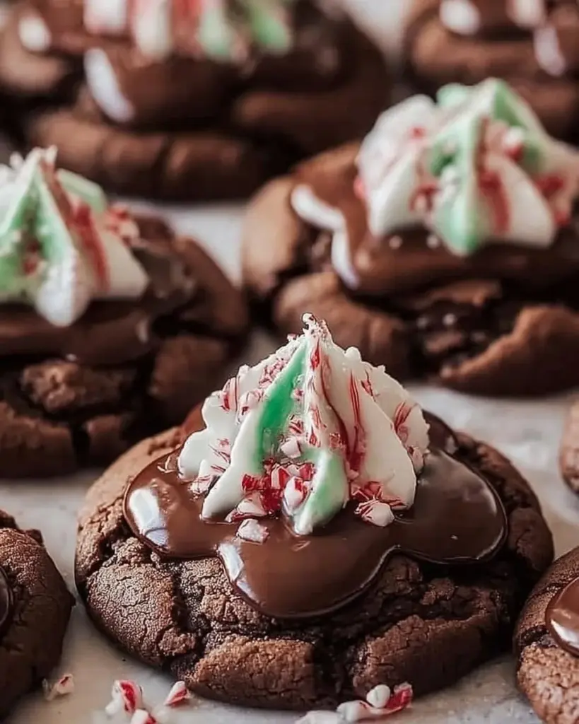 Peppermint Chocolate Blossom Cookies decorated with chocolate kisses