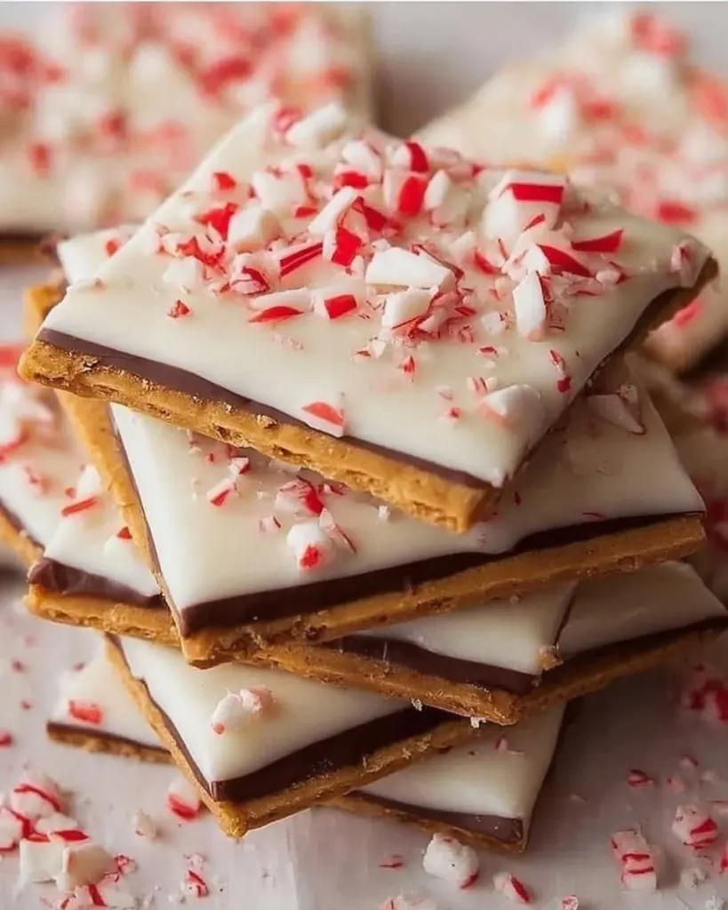 Peppermint crunch white chocolate covered graham crackers on a festive plate