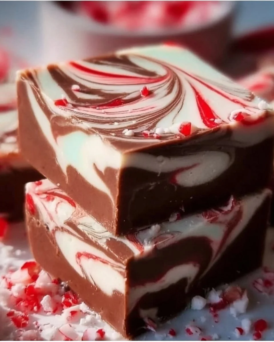 Delicious peppermint swirl fudge with a festive holiday presentation.