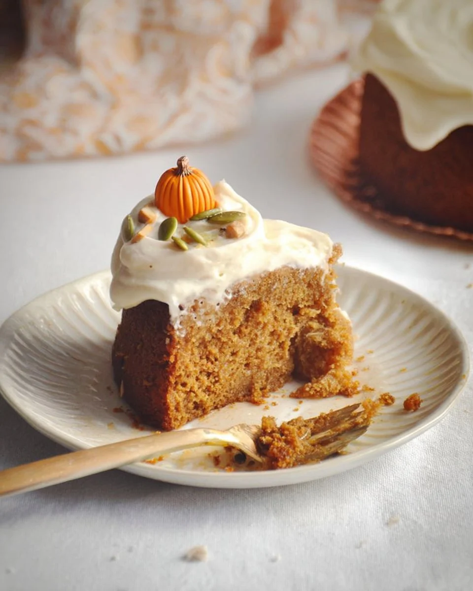 Pumpkin spice cake with creamy brown sugar frosting on a rustic table