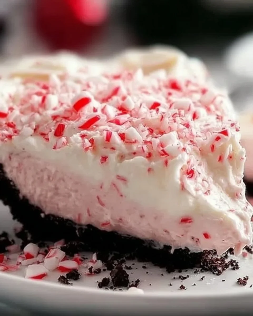 Quick Christmas Peppermint Pie topped with whipped cream and peppermint