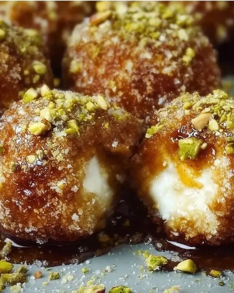 Delicious ricotta pistachio honey bites topped with honey and pistachios