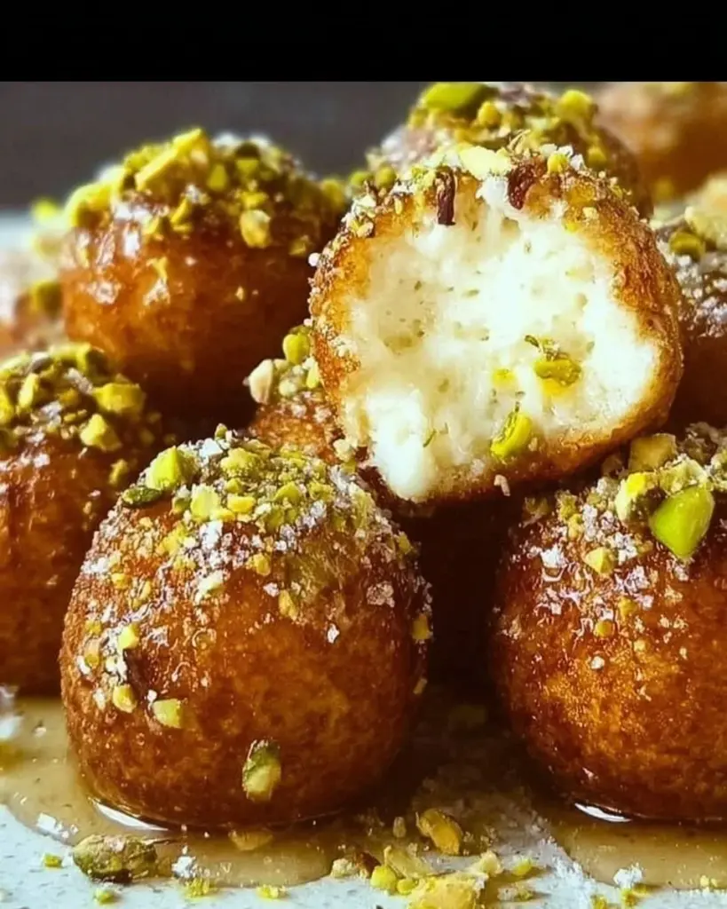 Delicious Ricotta Pistachio Honey Bites with honey drizzle and crushed pistachios