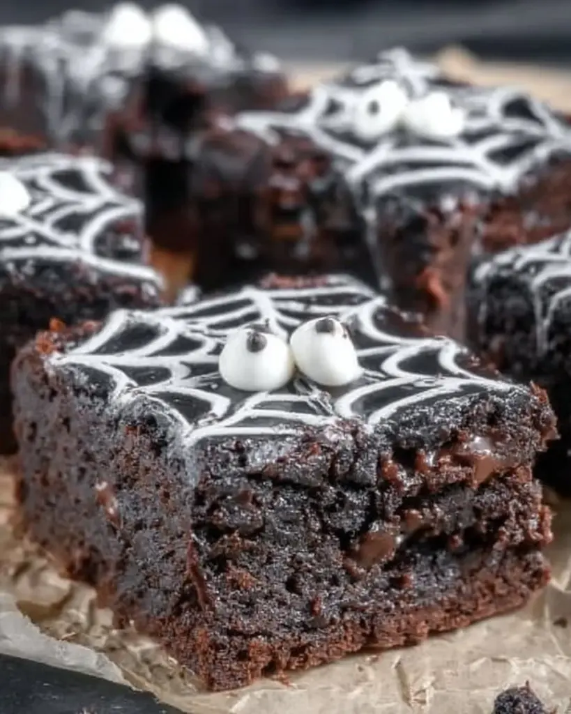 Delicious Spider Web Brownies decorated for Halloween