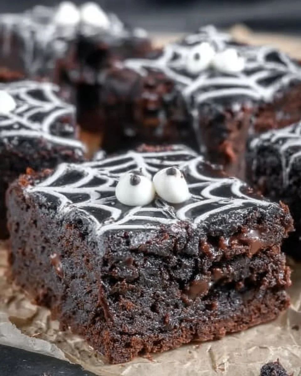 Delicious Spider Web Brownies decorated for Halloween