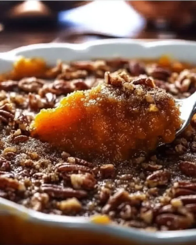 Delicious sweet potato casserole topped with marshmallows and pecans