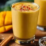 Delicious turmeric tropical smoothie in a glass with fresh fruits