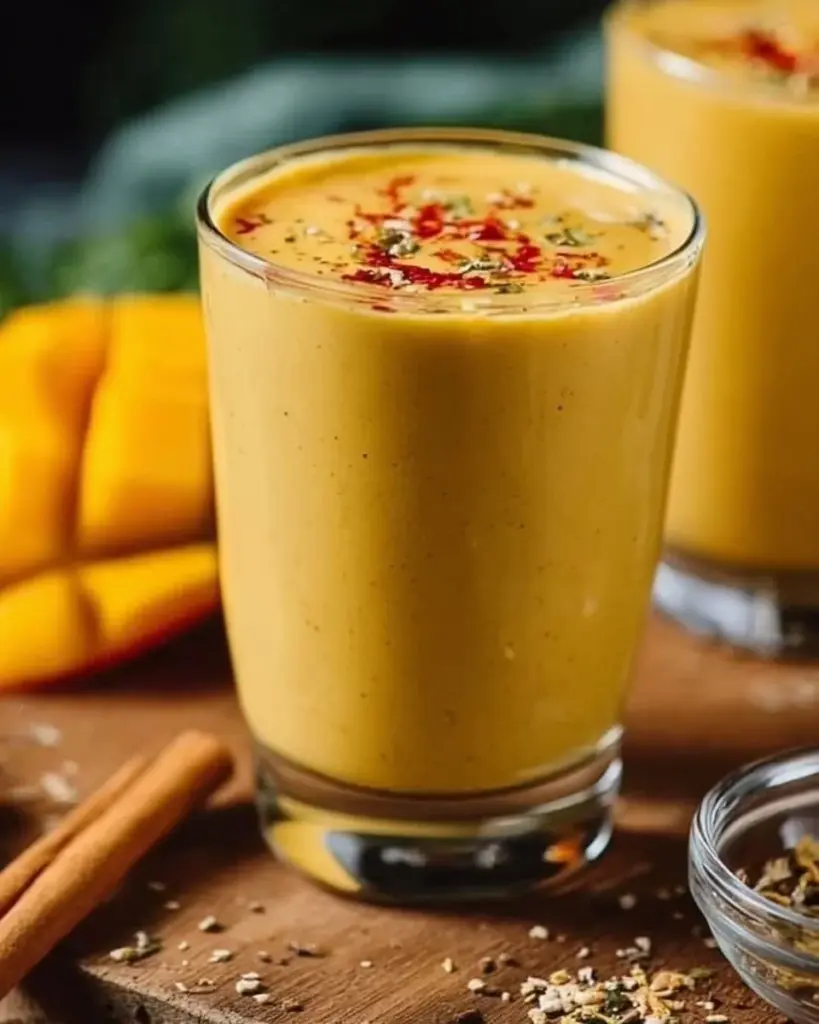 Delicious turmeric tropical smoothie in a glass with fresh fruits