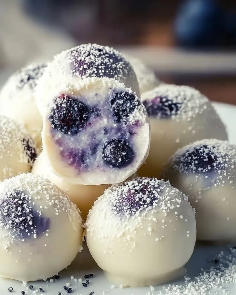 Delicious white chocolate blueberry truffles arranged on a plate