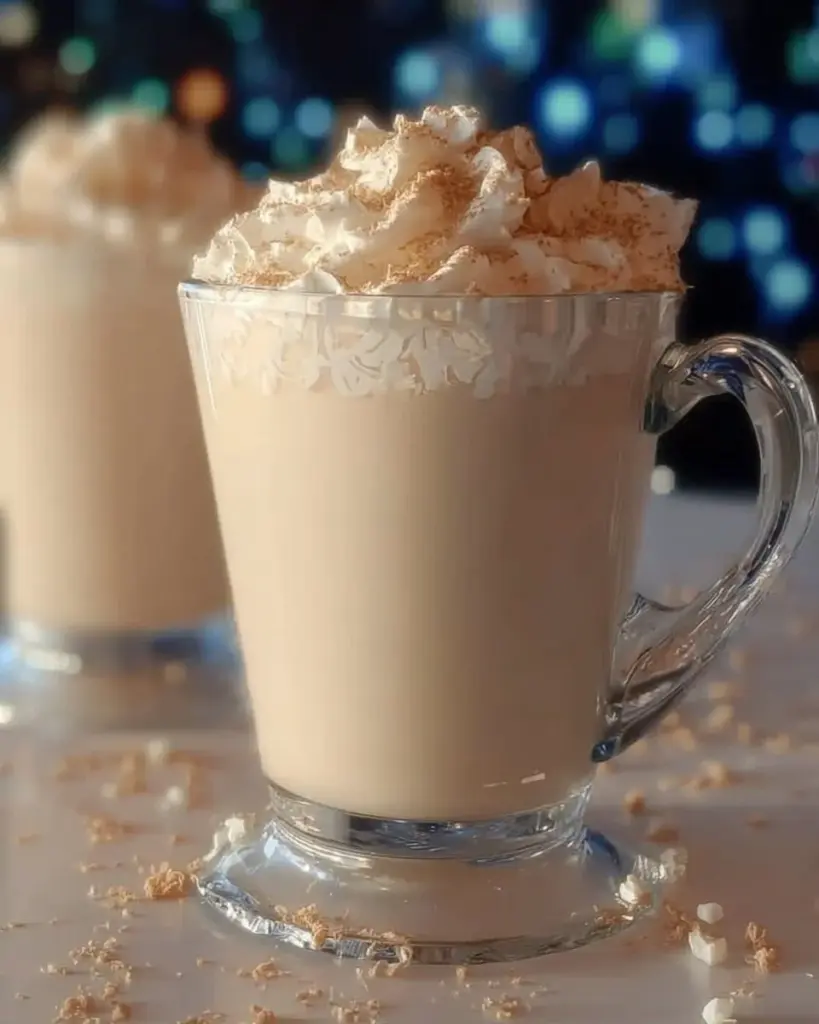 A steaming cup of creamy white hot chocolate topped with whipped cream and sprinkles