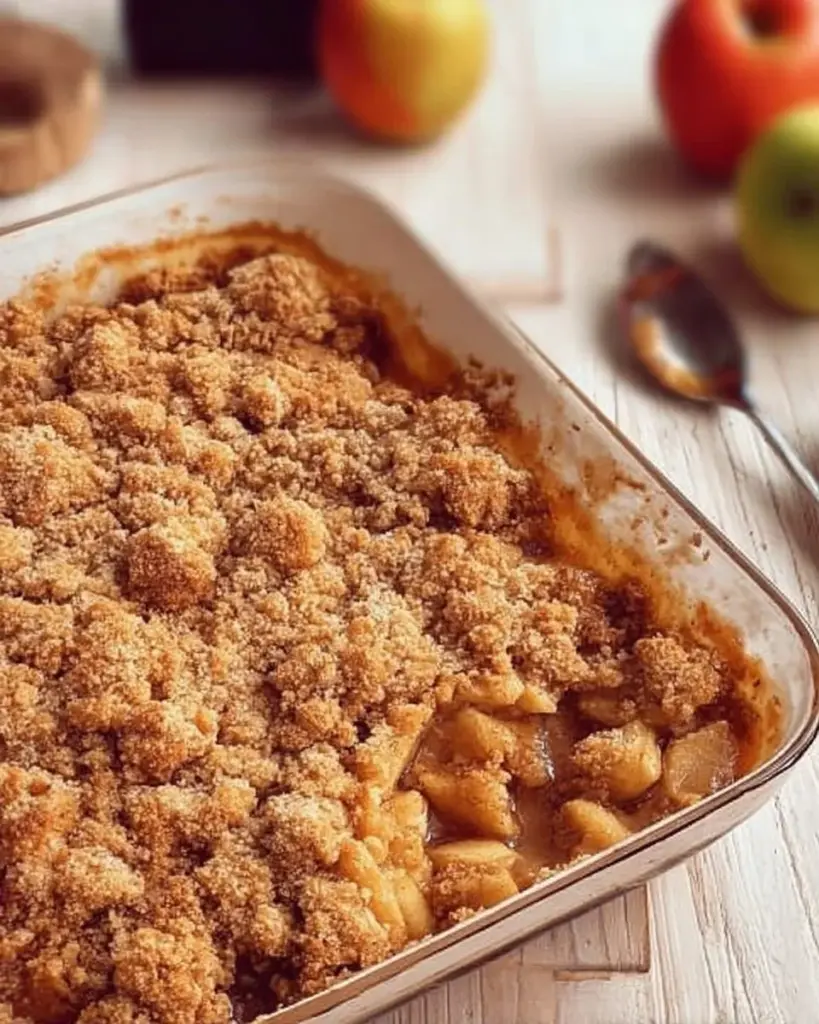 Delicious baked apple crumble with crispy topping and warm spiced apples