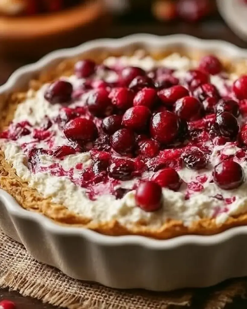 Baked Cranberry Cream Cheese Dip served in a dish, garnished with herbs and crackers