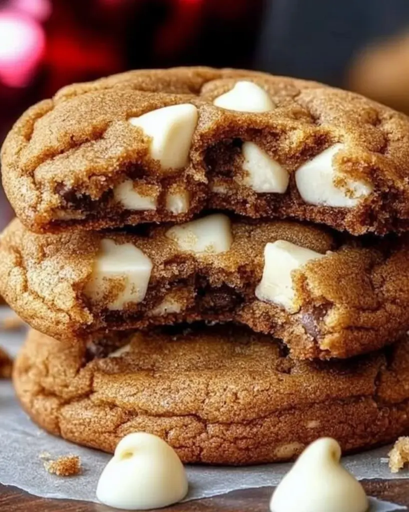 Bakery style gingerbread cookies with white chocolate chips on a festive plate