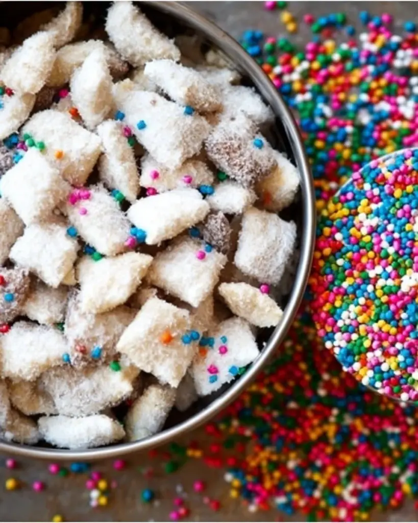 A bowl of delicious Cake Batter Puppy Chow with colorful sprinkles.