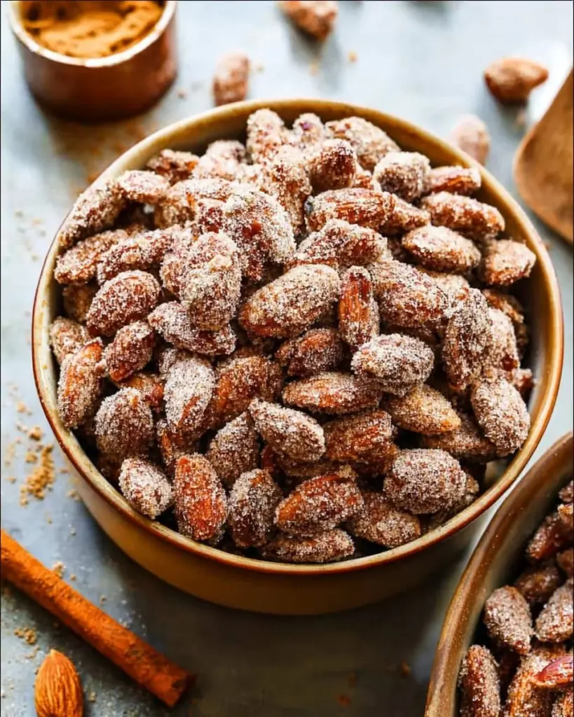 Bowl of delicious candied almonds with cinnamon sugar coating