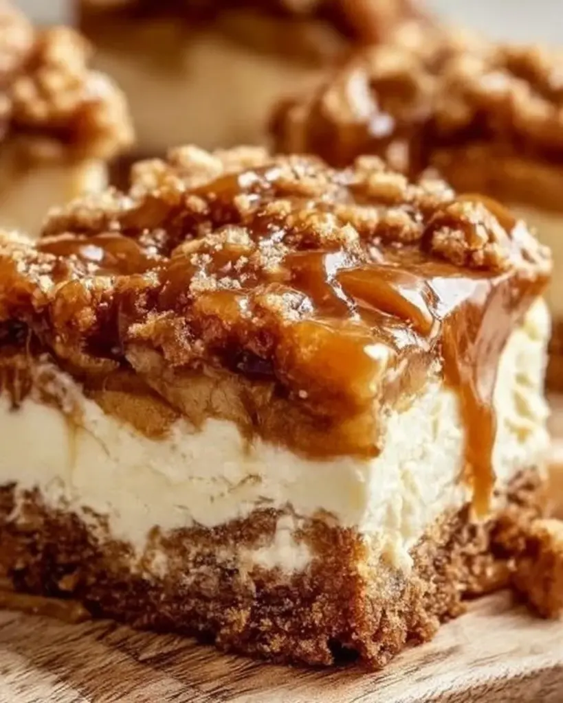 Delicious caramel apple cheesecake bars topped with caramel drizzle