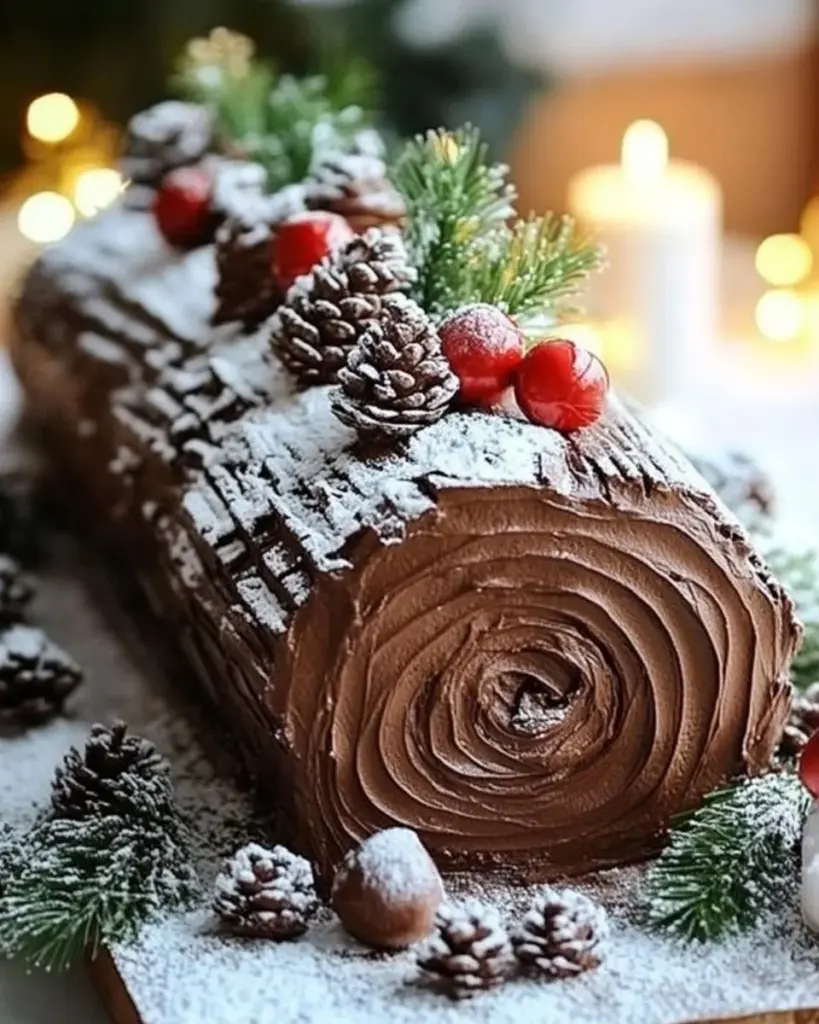 Decadent Chocolate Yule Log Cake decorated for festive celebrations