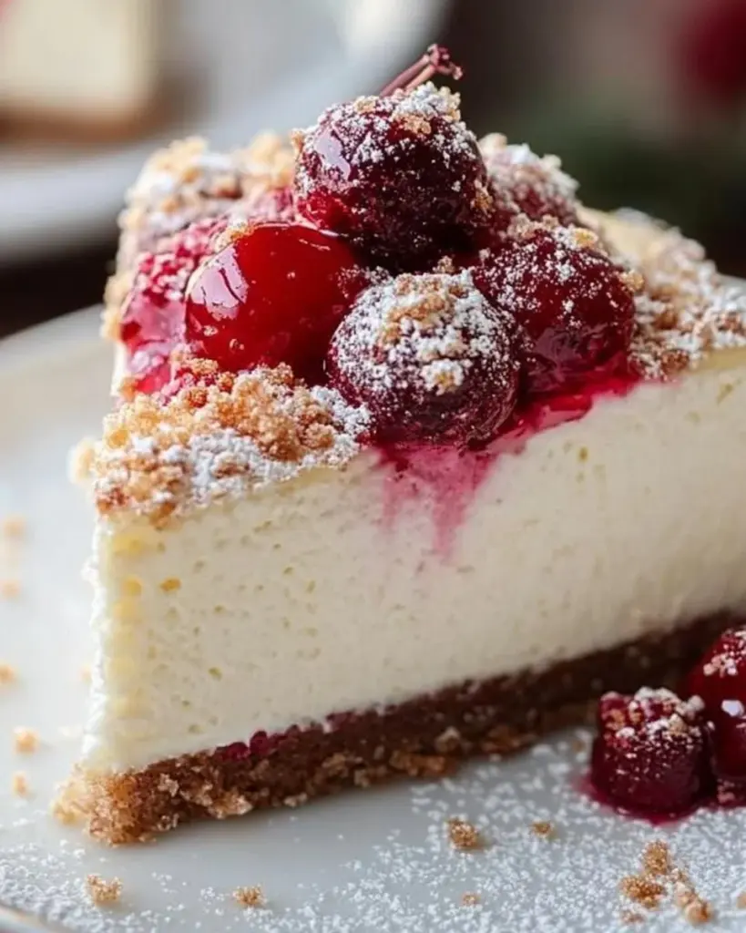 Delicious Christmas Cheesecake topped with festive decorations