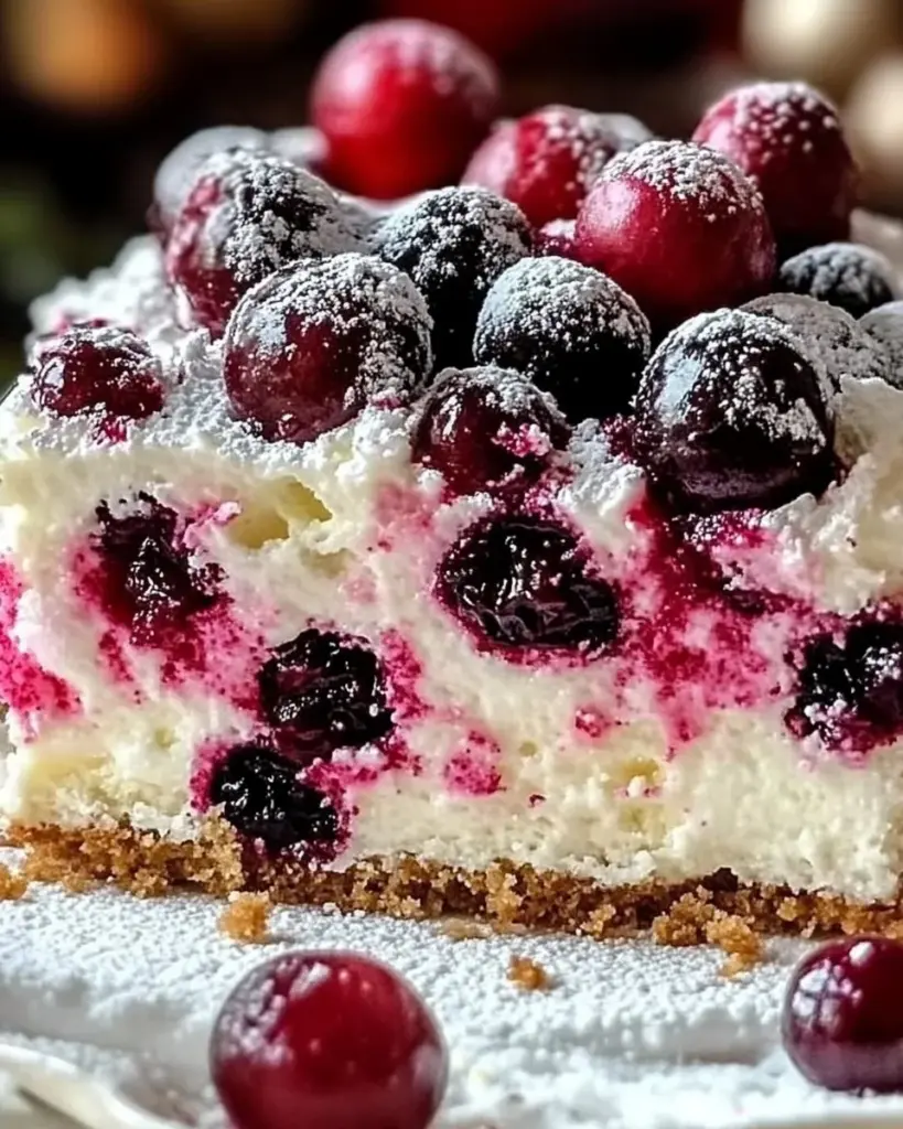 Christmas Cranberry Poke Cake topped with cranberries and whipped cream