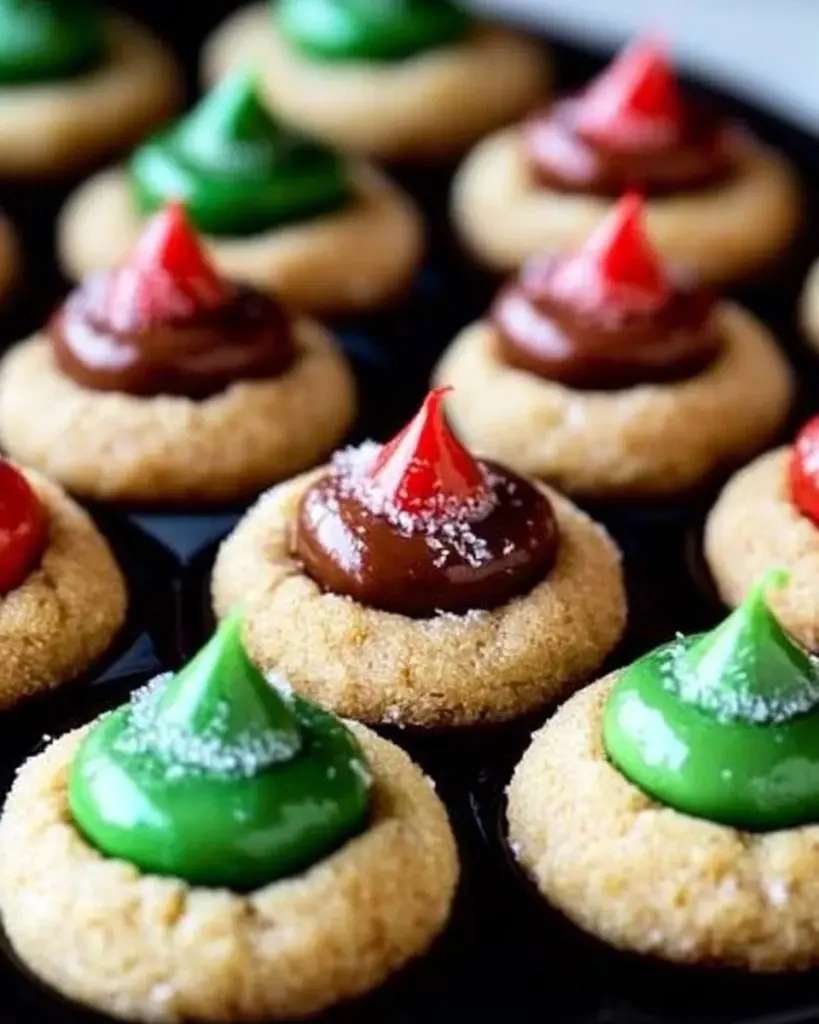 Classic peanut butter blossoms cookies topped with chocolate kisses