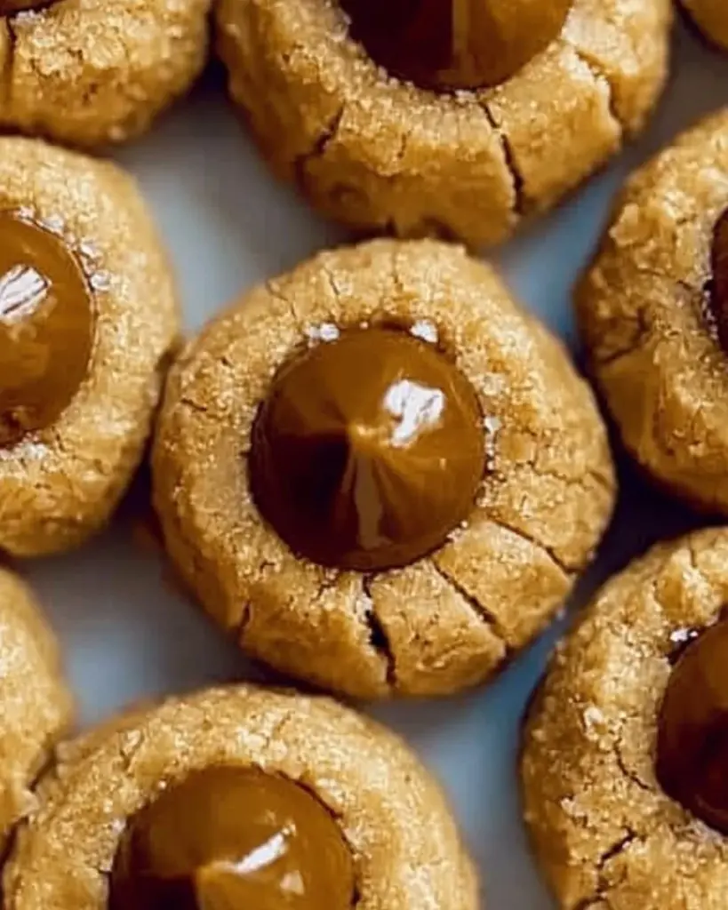 Delicious classic peanut butter blossoms cookies topped with chocolate kisses