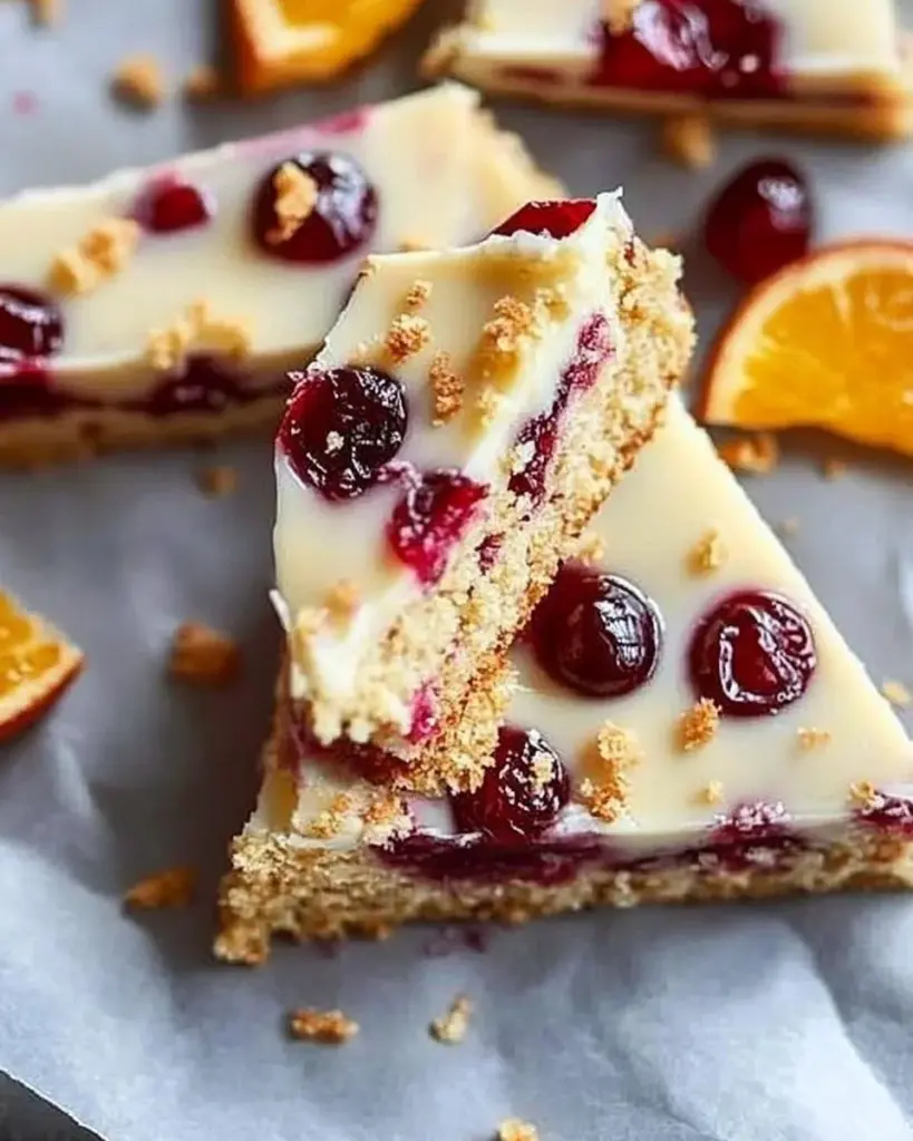 Delicious cranberry bliss bars topped with cream cheese frosting and cranberries.