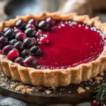 A beautifully presented Cranberry Curd Tart topped with fresh cranberries and cream.