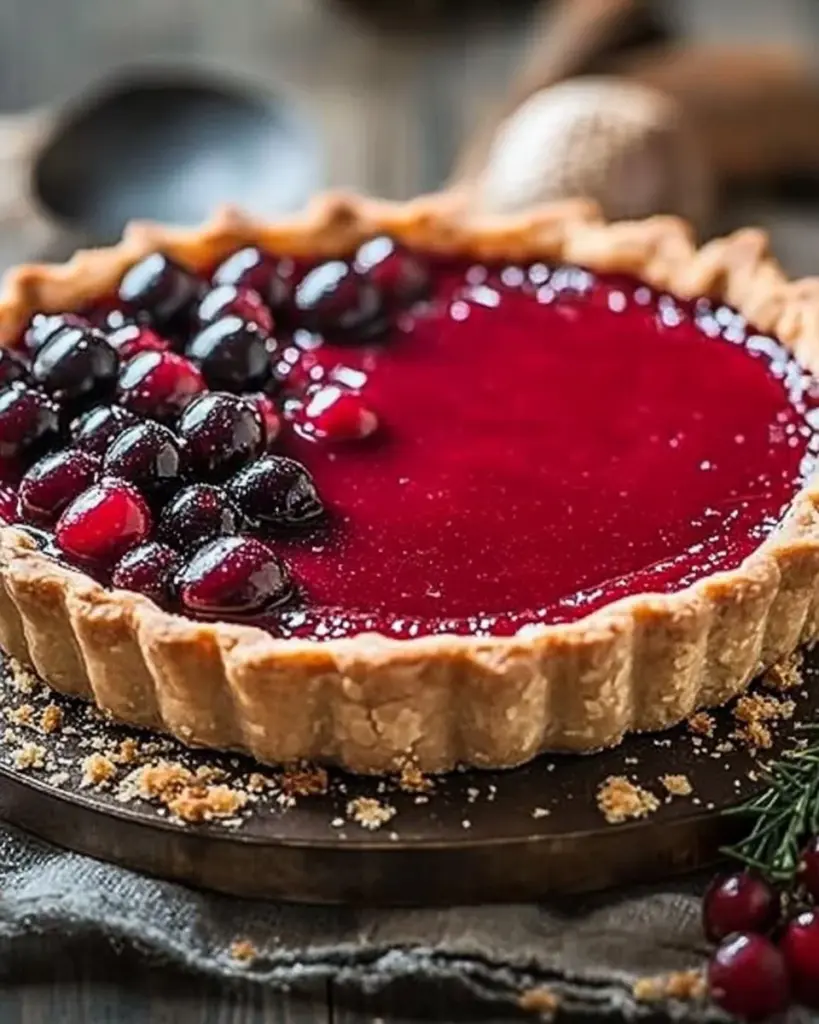 A beautifully presented Cranberry Curd Tart topped with fresh cranberries and cream.