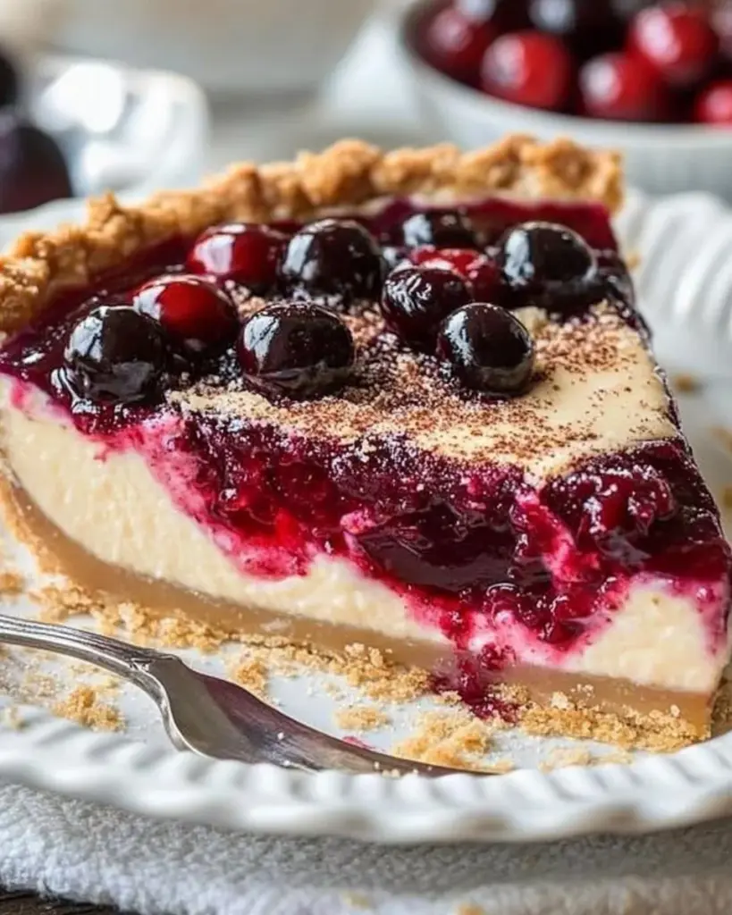 Sliced cranberry custard pie on a plate with a fork, showcasing its creamy texture.