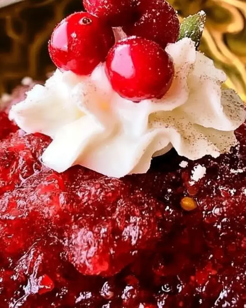 Cranberry jello salad with orange slices and walnuts in a serving dish