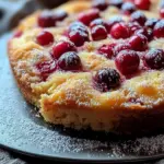 Cranberry orange breakfast cake with icing and fresh cranberries on top