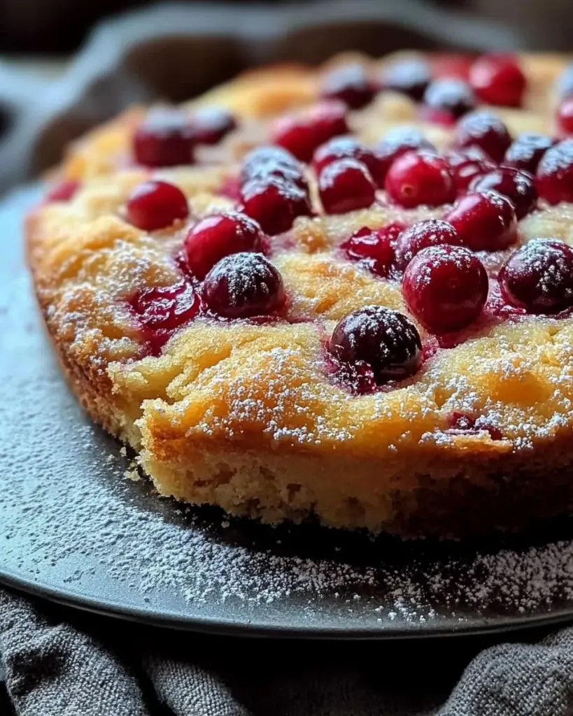Cranberry orange breakfast cake with icing and fresh cranberries on top